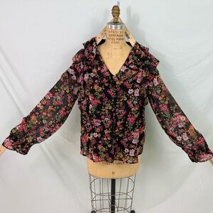 Time & Tru Long Sleeve Sheer Floral Blouse. Fully Lined With Ruffles  XL  NWT